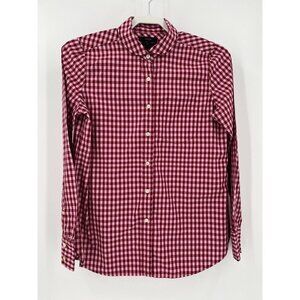 J Crew Ladies Boy Fit Button Down Shirt Size 2 Red Pink Plaid Long Sleeve Cotton